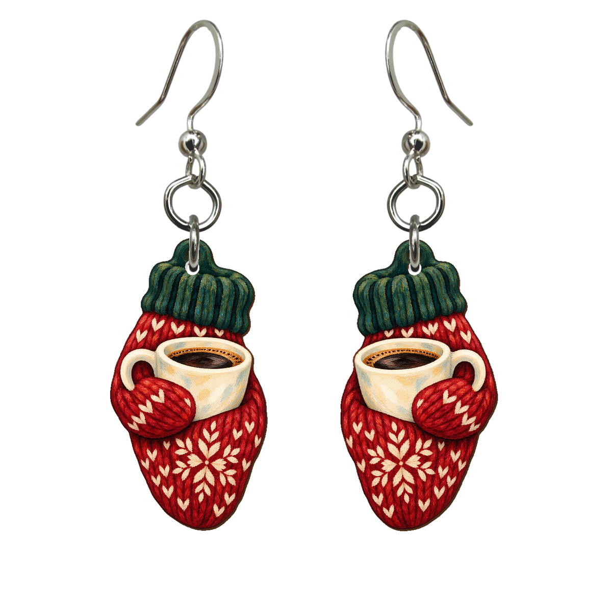 Mittens Holding Mugs Earrings #E87 — full-color wooden earrings