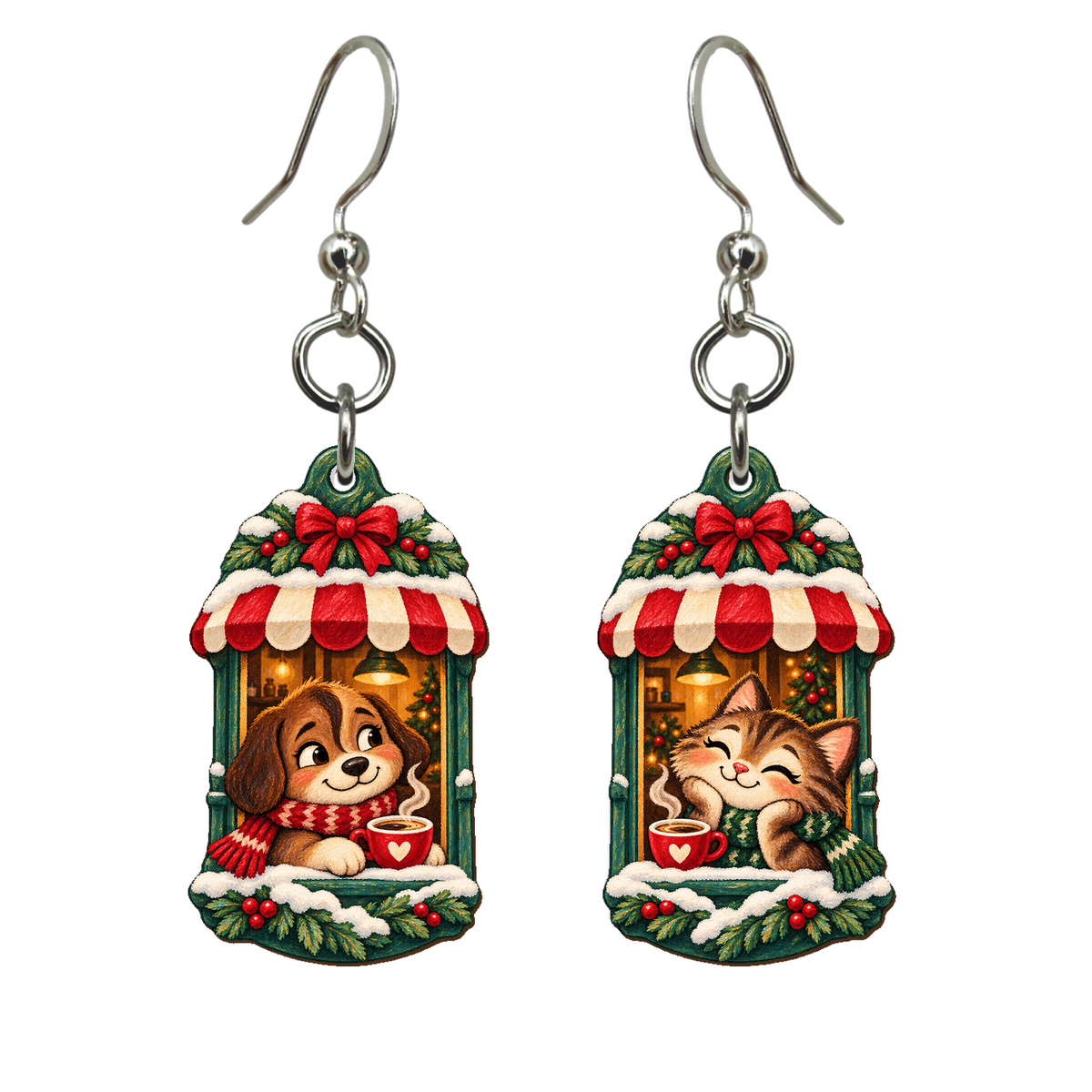 Snowy Cafe Windows Earrings #E88 — full-color wooden earrings