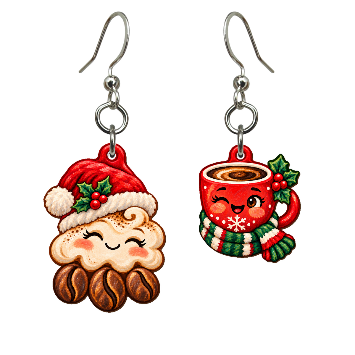 Latte Cloud & Bean Rain Earrings #E91 — full-color wooden earrings