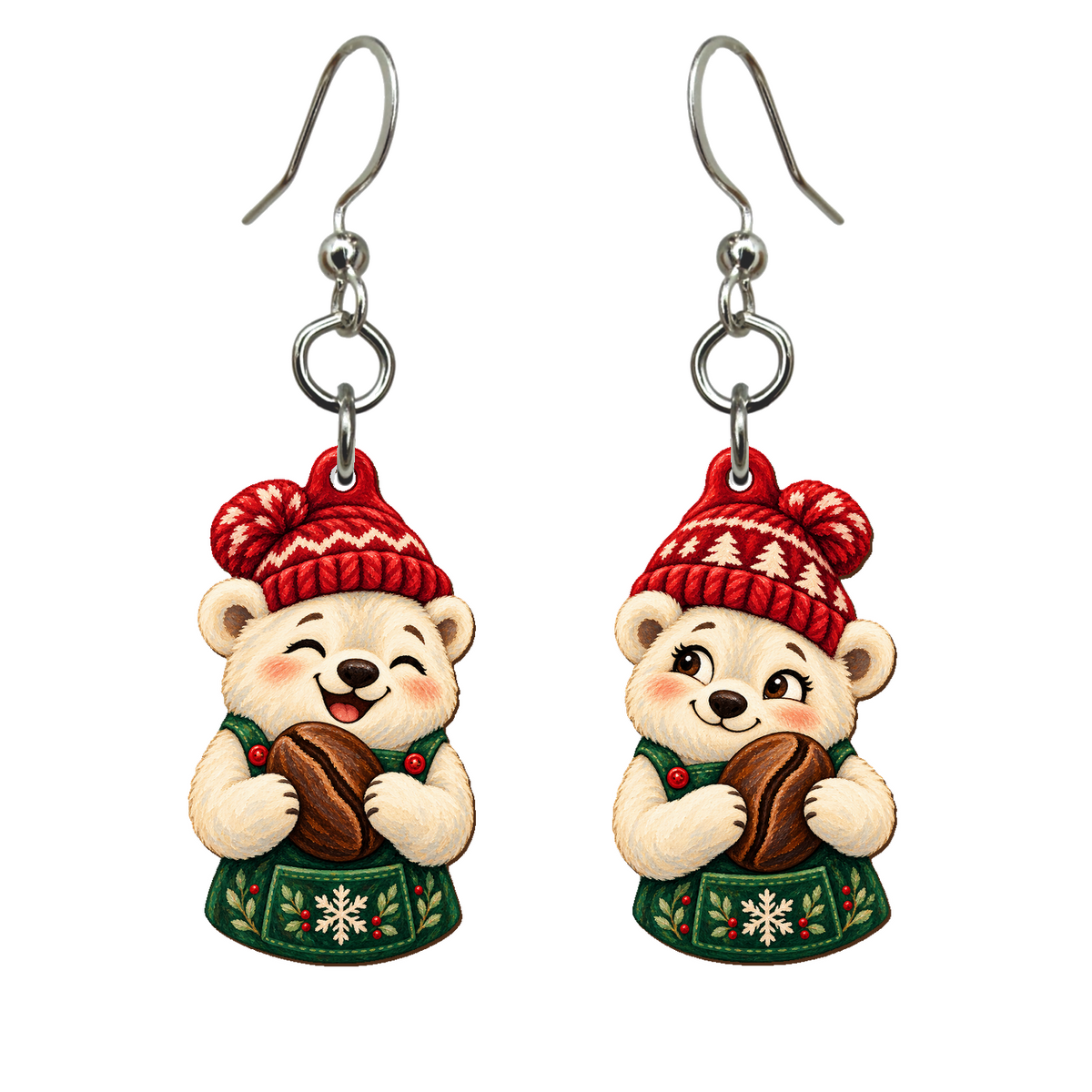 Polar Bear Baristas Earrings #E92 — full-color wooden earrings