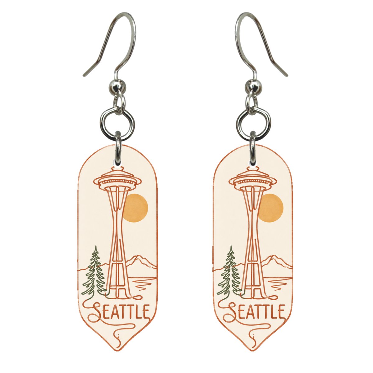 WA Seattle Continuous-Line Drawing Custom Wood Earrings (EC15)