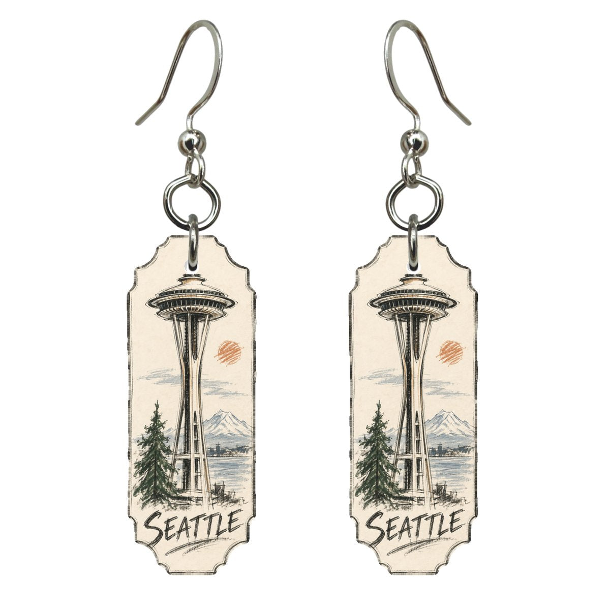 WA Seattle Loose Contour Sketch Custom Wood Earrings (EC16)