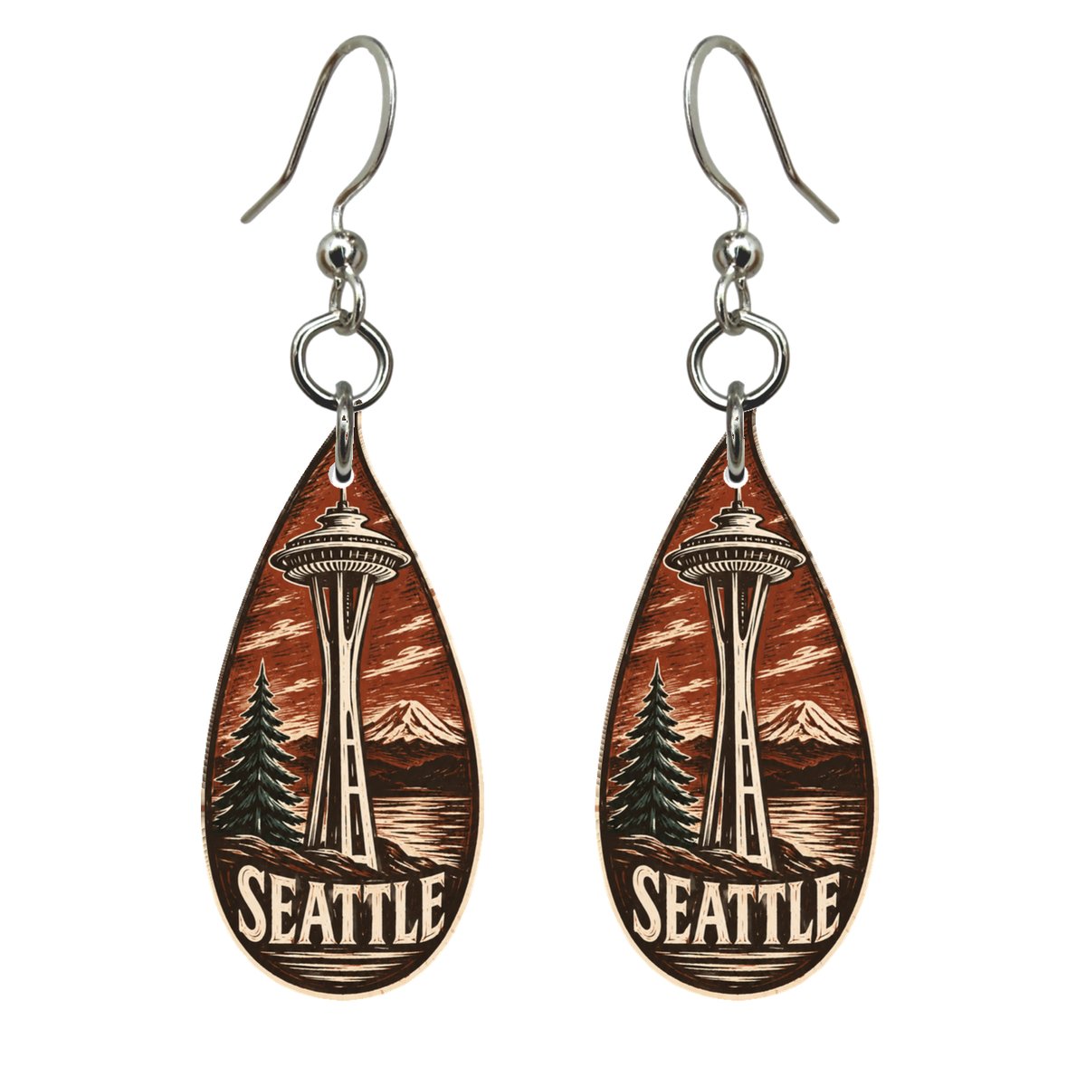 WA Seattle Woodcut Custom Wood Earrings (EC19)
