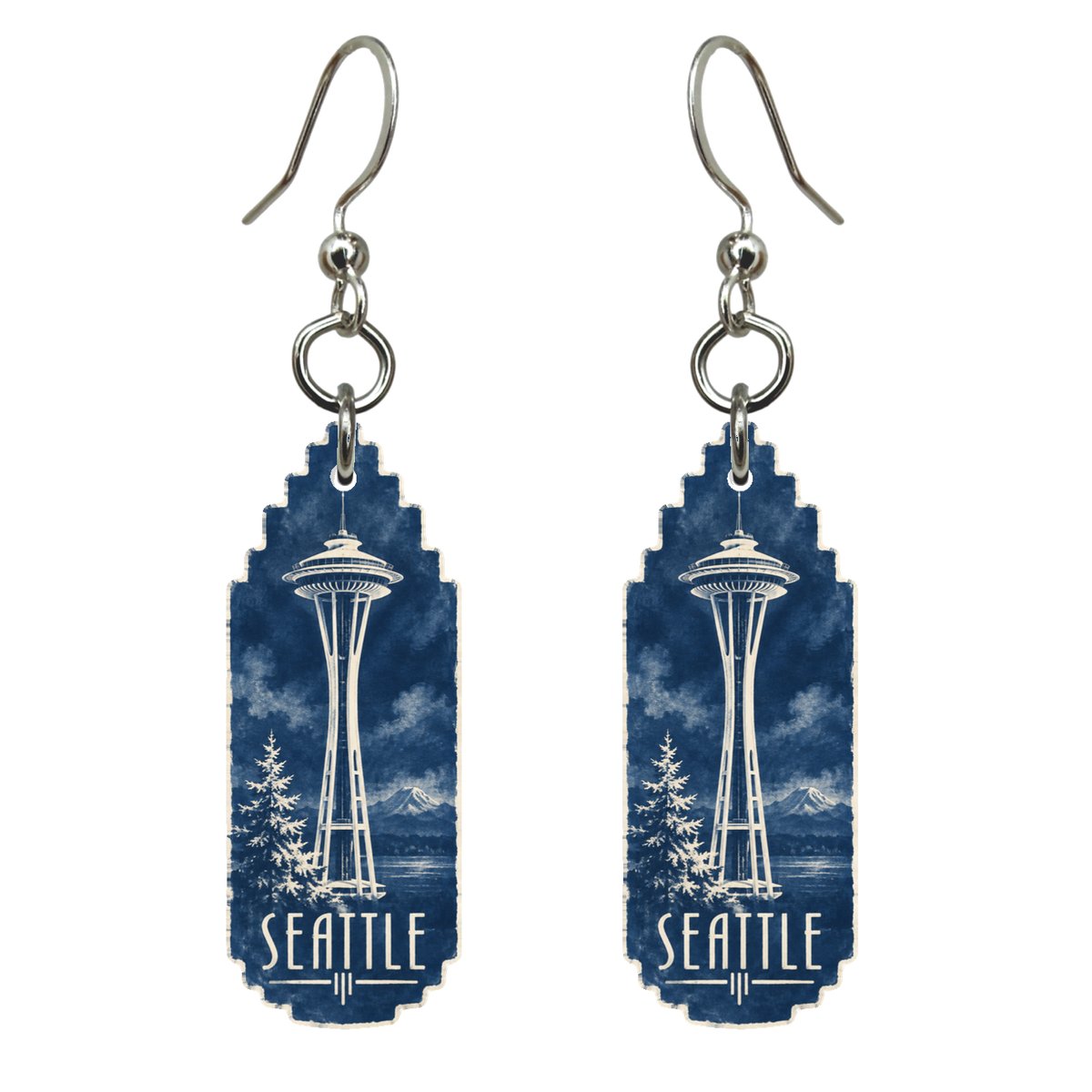 WA Seattle Cyanotype-Inspired Custom Wood Earrings (EC20)