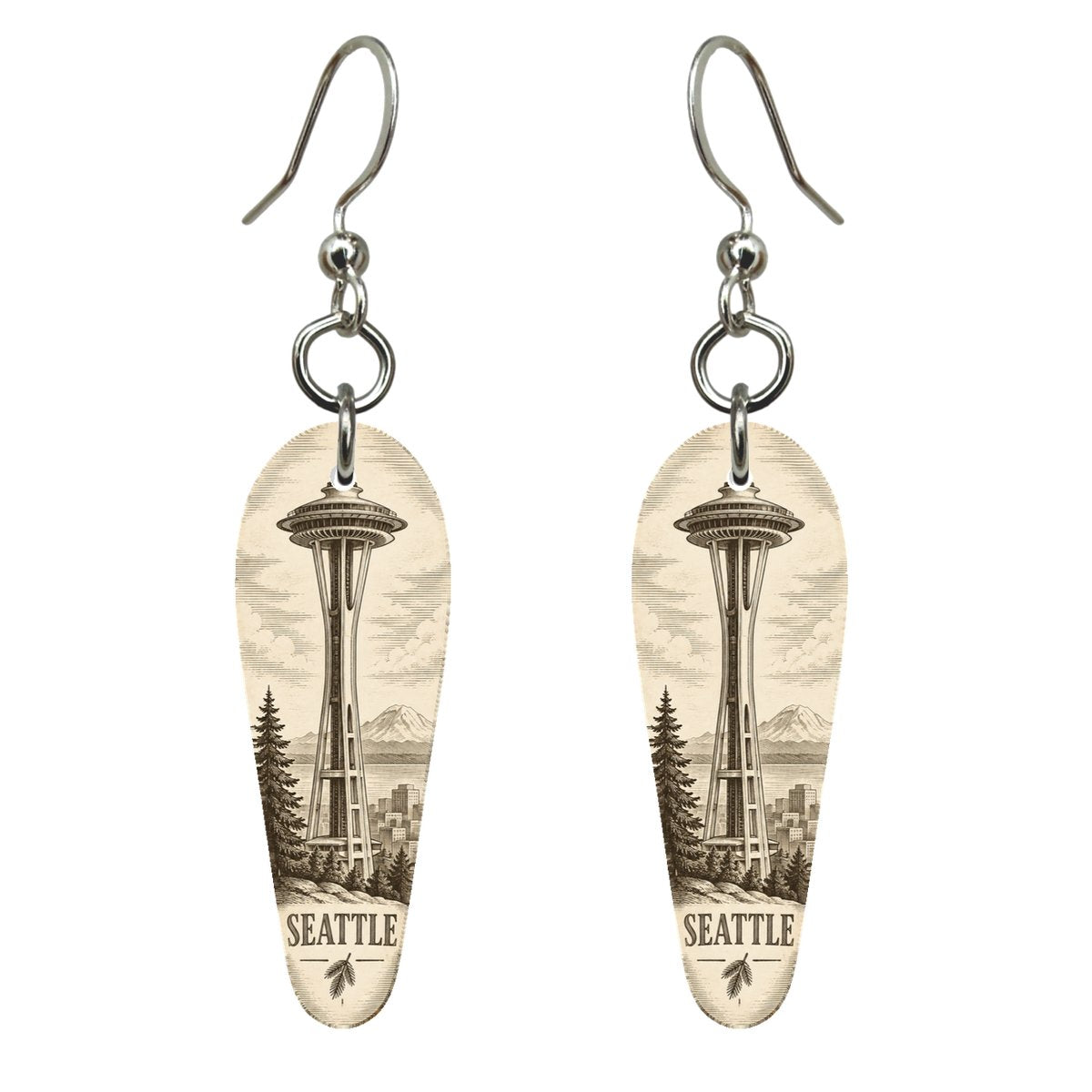 WA Seattle Etching-Inspired Linework Custom Wood Earrings (EC21)