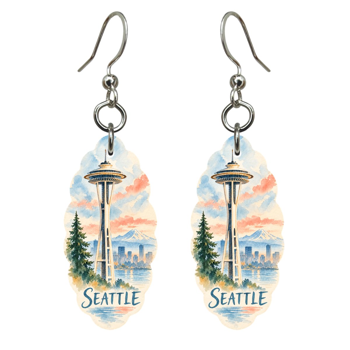 WA Seattle Restrained Watercolor Custom Wood Earrings (EC25)