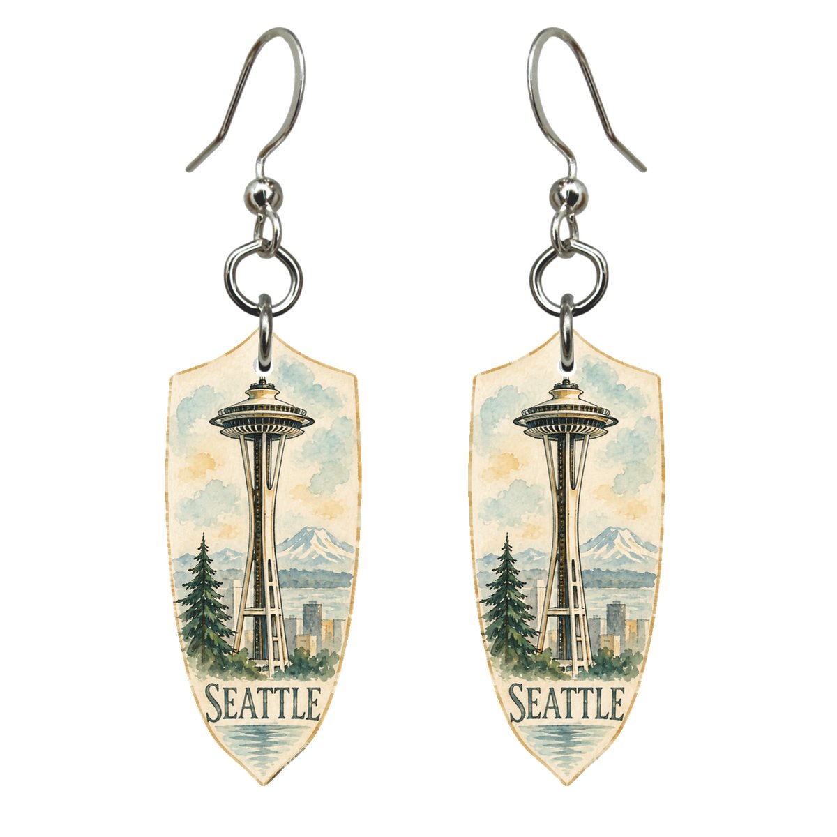 WA Seattle Pen and Watercolor Wash Custom Wood Earrings (EC26)
