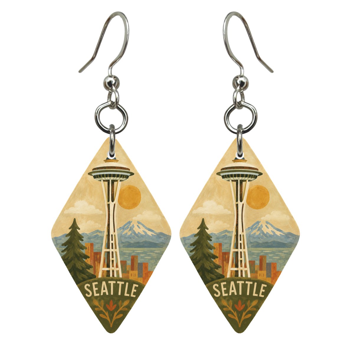 WA Seattle Naive Folk Painting Custom Wood Earrings (EC27)
