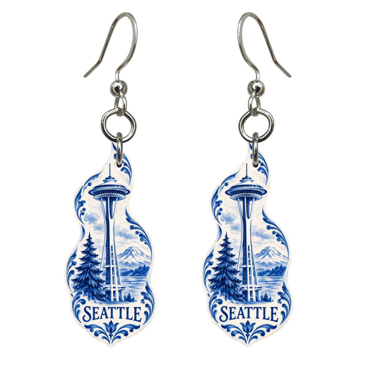 WA Seattle Blue-And-White Ceramic Illustration Custom Wood Earrings (EC28)