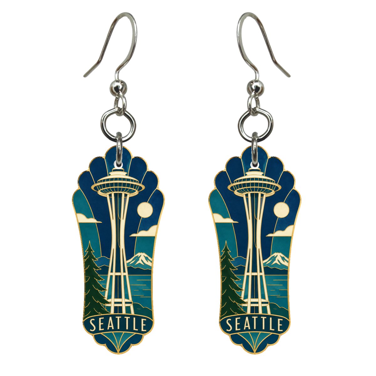 WA Seattle Cloisonné-Inspired Graphic Custom Wood Earrings (EC29)