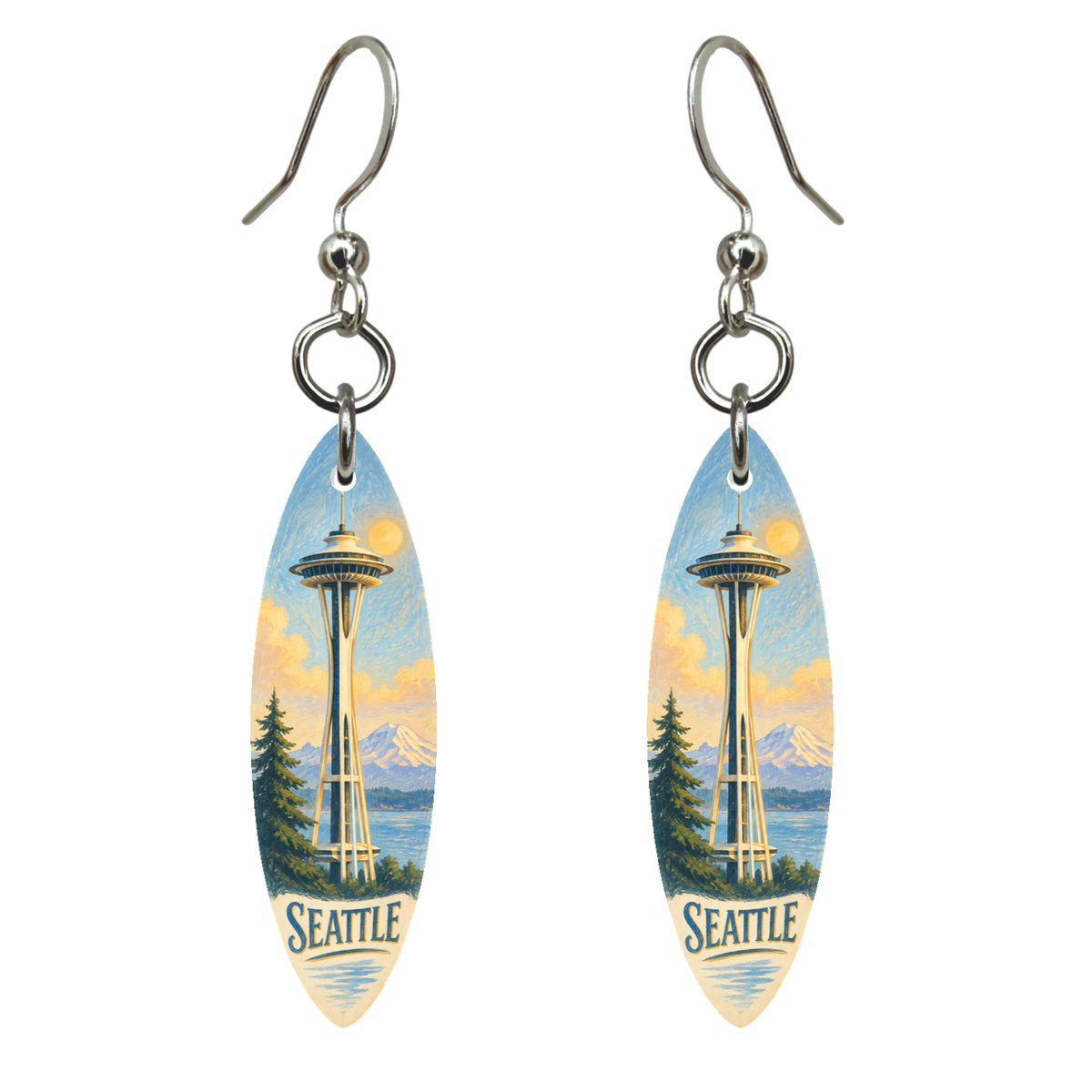 WA Seattle Colored Pencil over Gouache Custom Wood Earrings (EC31)