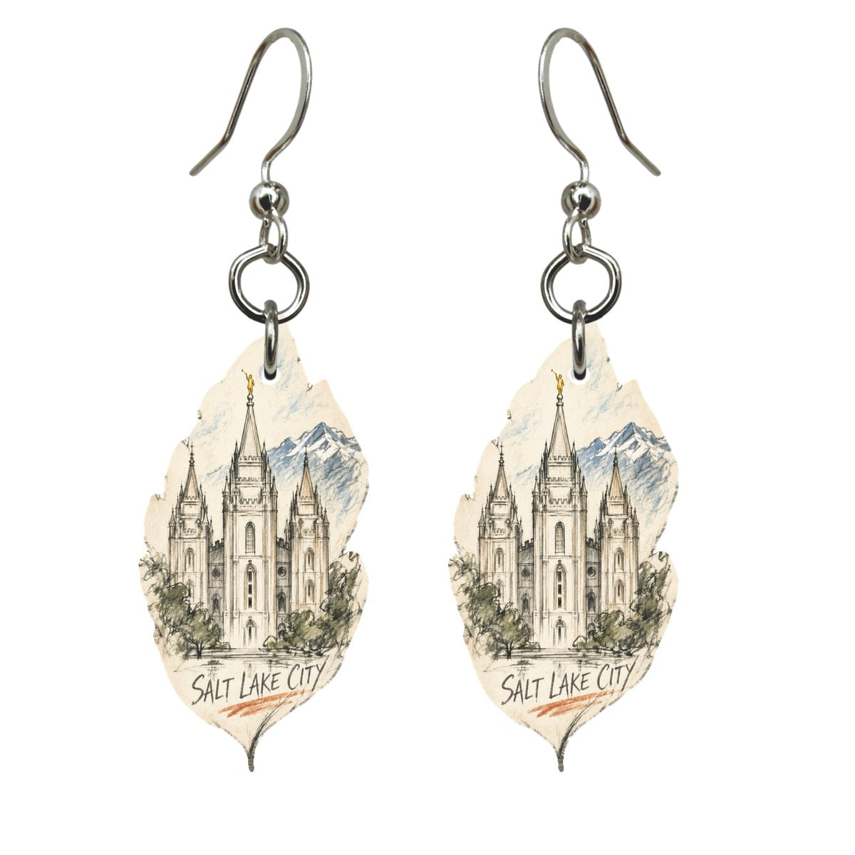 UT Salt Lake City Loose Contour Sketch Custom Wood Earrings (EC34)