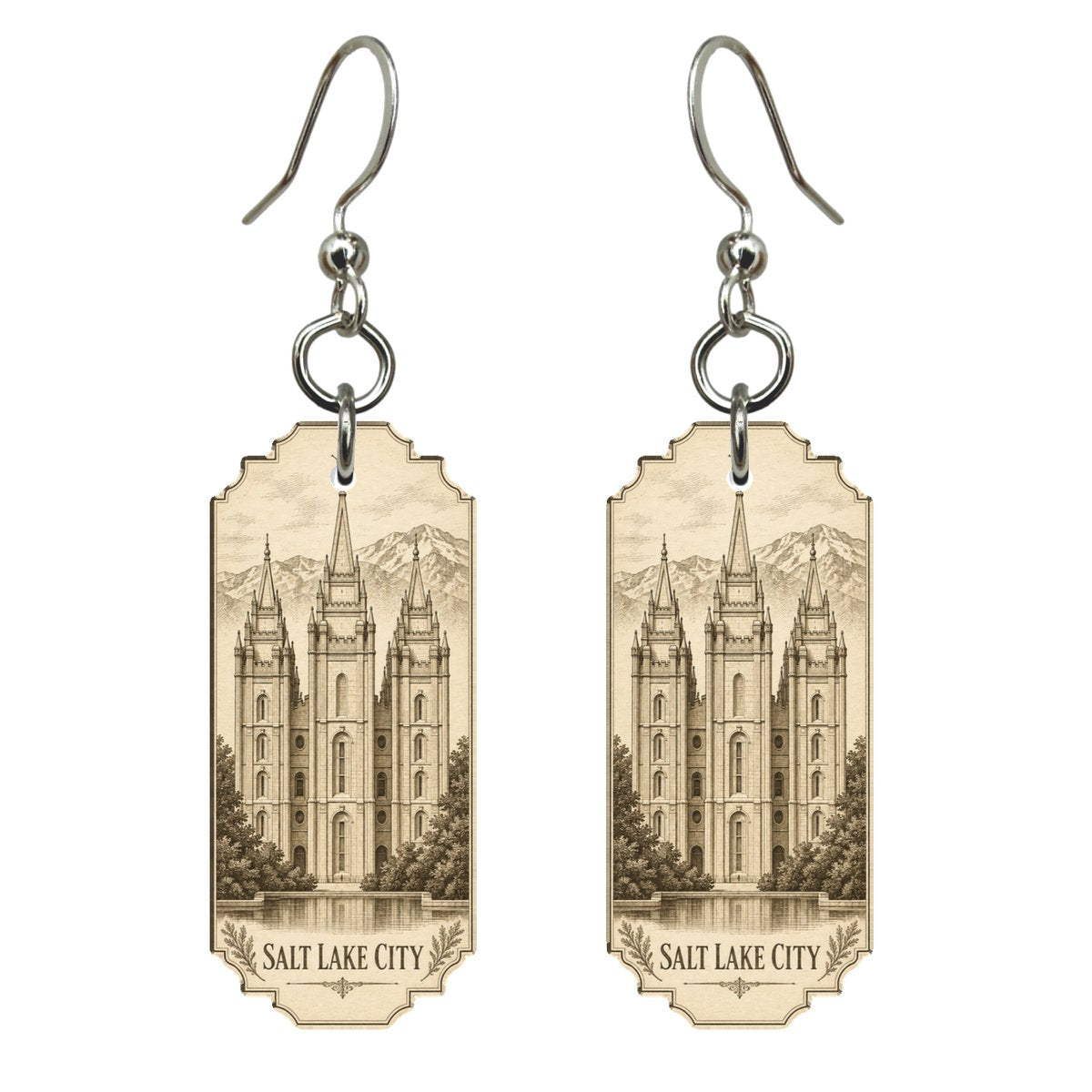 UT Salt Lake City Etching-Inspired Linework Custom Wood Earrings (EC39)