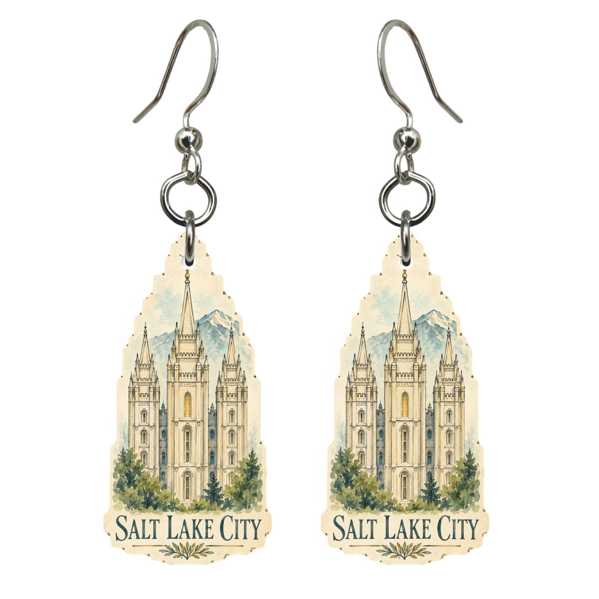 UT Salt Lake City Pen and Watercolor Wash Custom Wood Earrings (EC44)