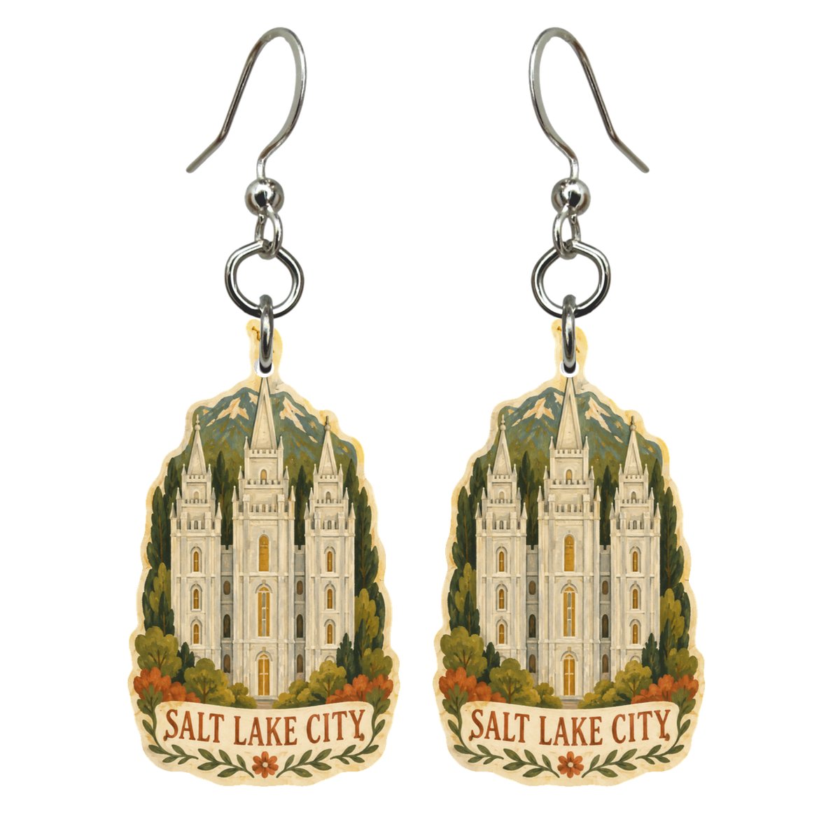 UT Salt Lake City Naive Folk Painting Custom Wood Earrings (EC45)