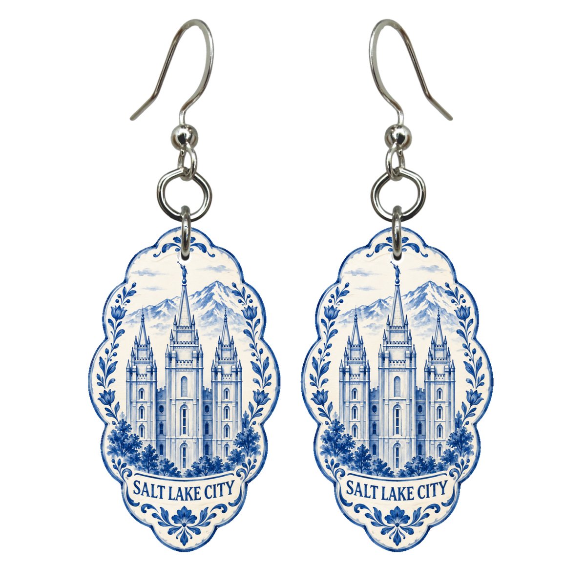 UT Salt Lake City Blue-And-White Ceramic Illustration Custom Wood Earrings (EC46)