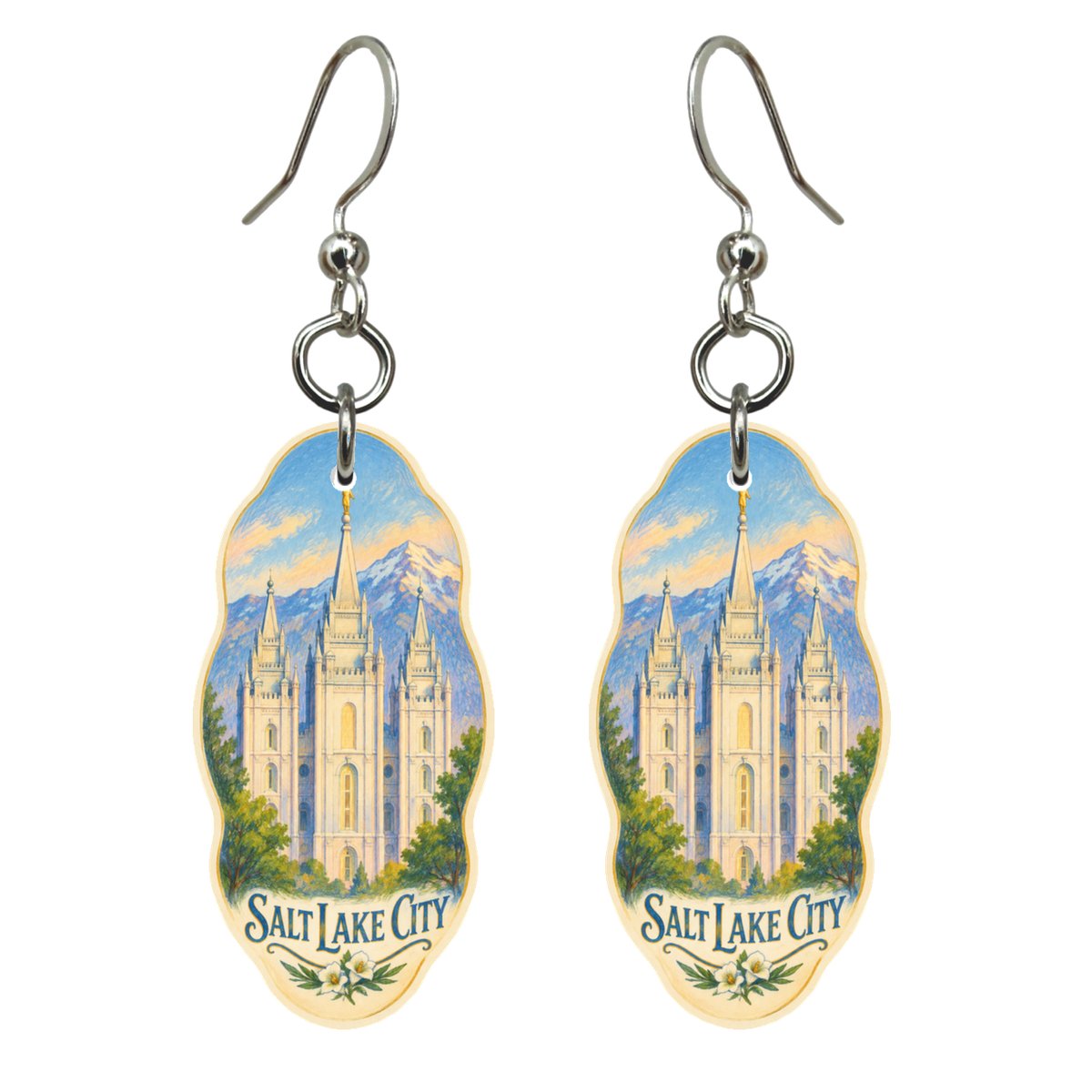 UT Salt Lake City Colored Pencil over Gouache Custom Wood Earrings (EC49)