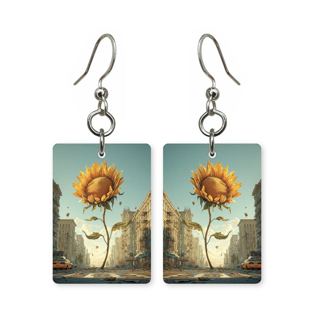 Avenue sunflower earrings — sunflowers lining a road, cut-paper landscape, made in USA