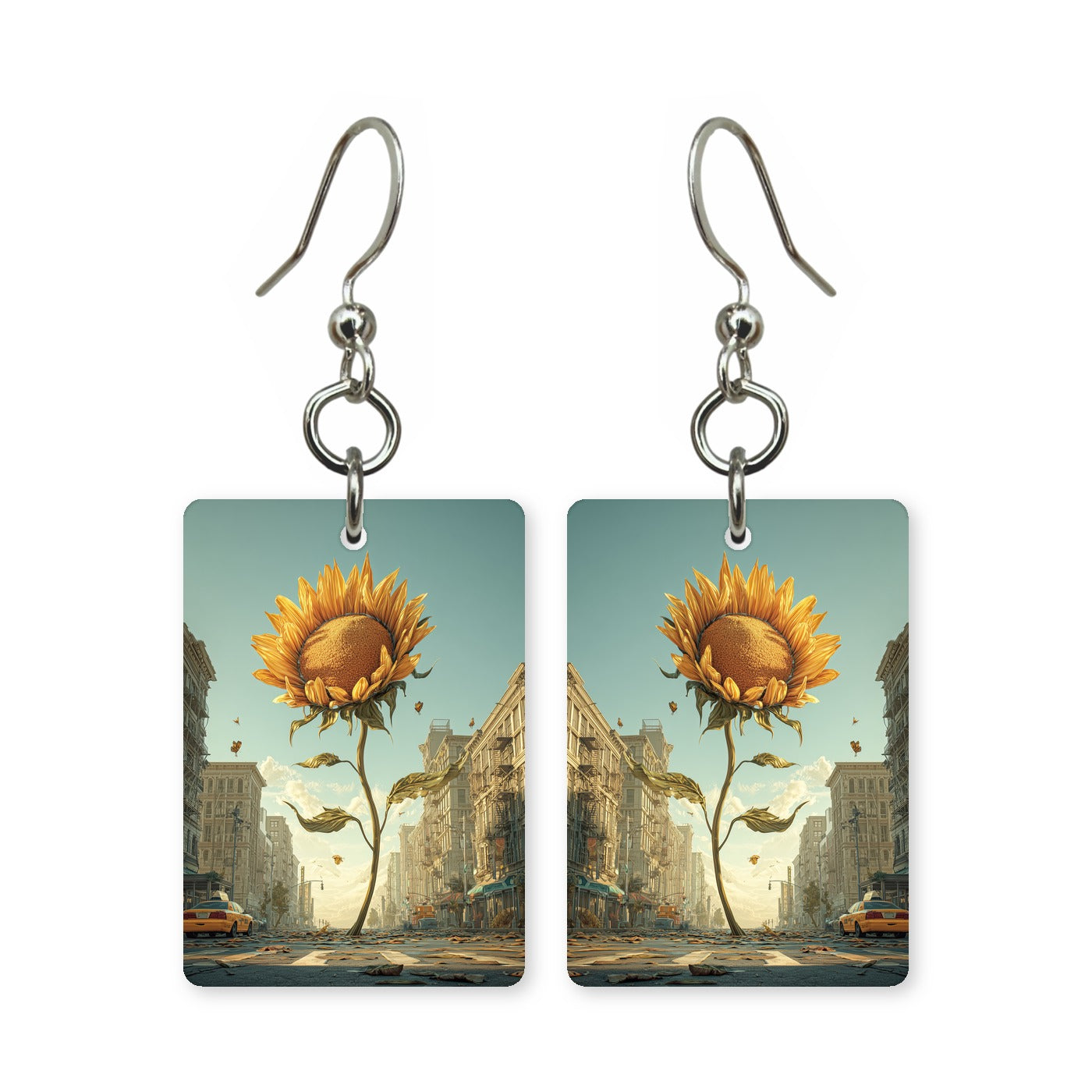 Avenue sunflower earrings — sunflowers lining a road, cut-paper landscape, made in USA