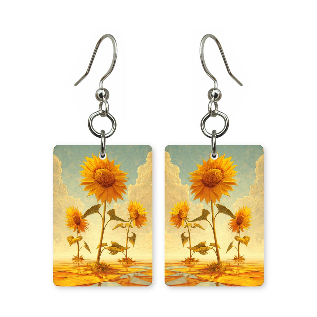 Golden trio earrings — three golden blooms together, cut-paper art, made in USA