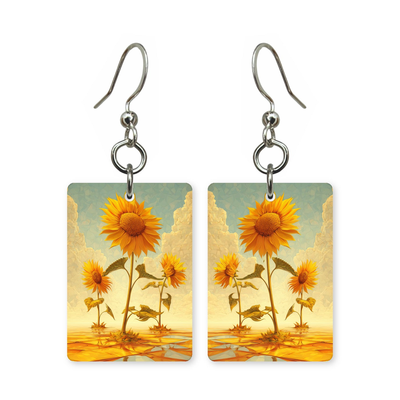 Golden trio earrings — three golden blooms together, cut-paper art, made in USA