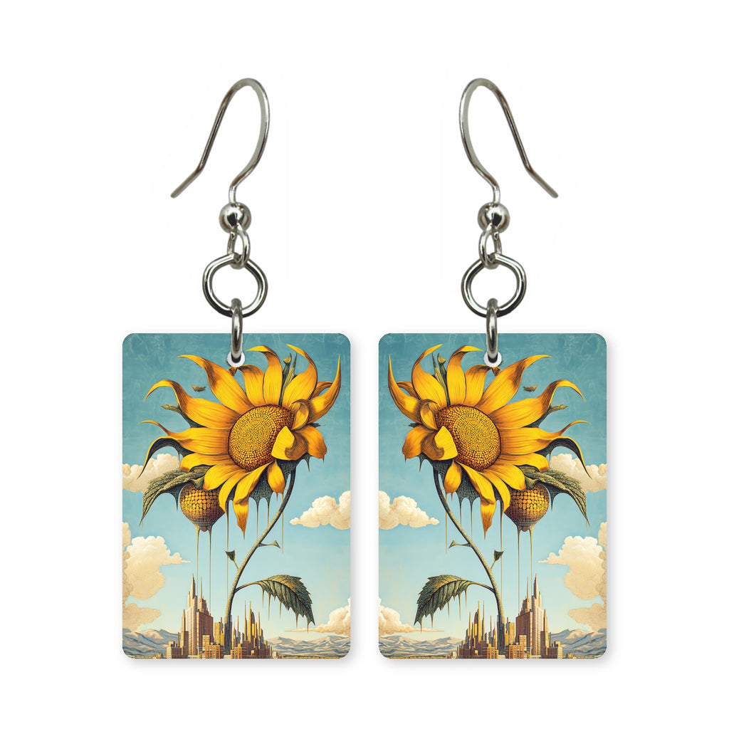 Skyline sunflower earrings — sunflowers against a city skyline, cut-paper art, made in USA