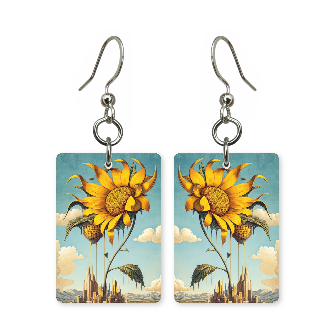 Skyline sunflower earrings — sunflowers against a city skyline, cut-paper art, made in USA