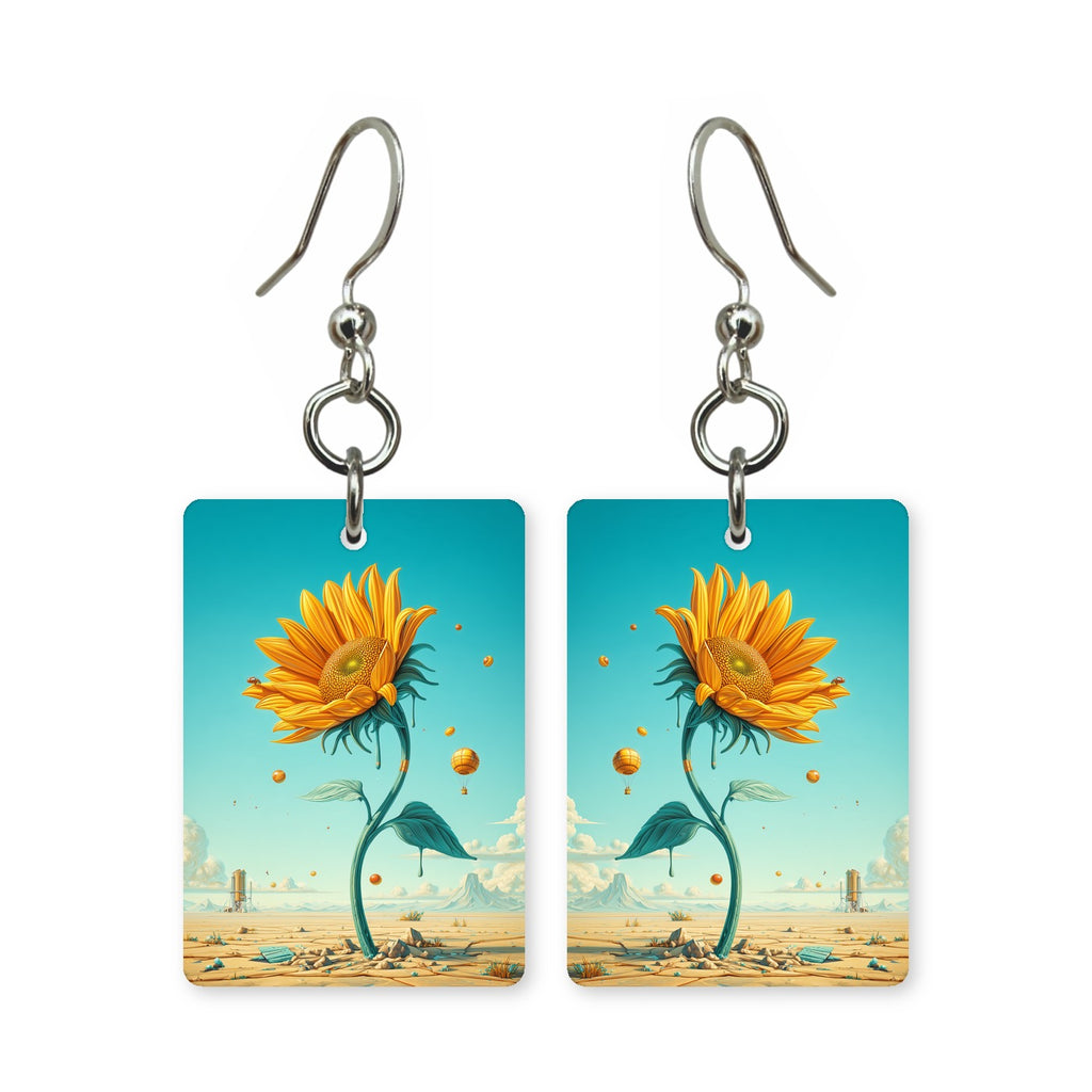 Desert bloom earrings — desert flowers against dry ground, cut-paper art, made in USA