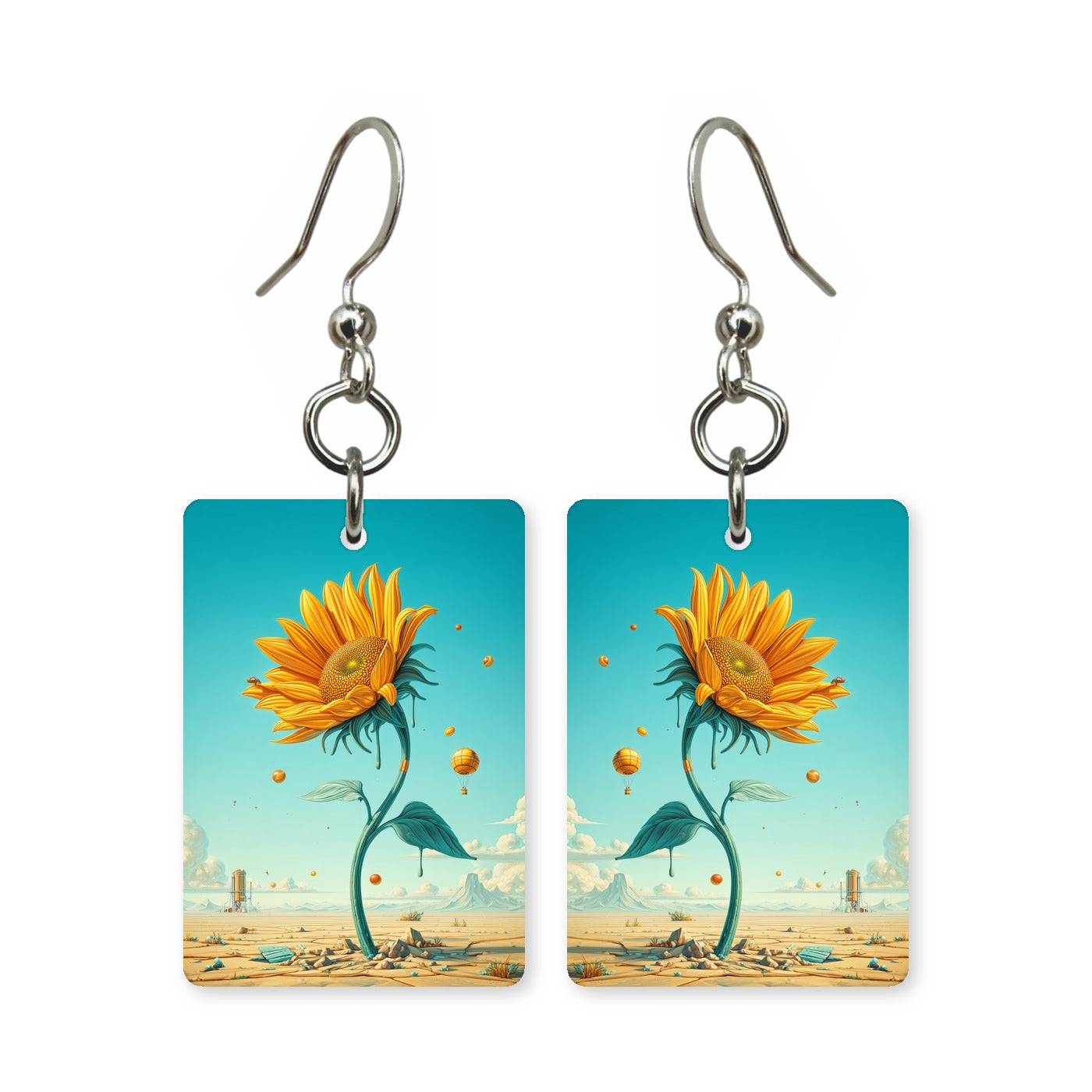 Desert bloom earrings — desert flowers against dry ground, cut-paper art, made in USA