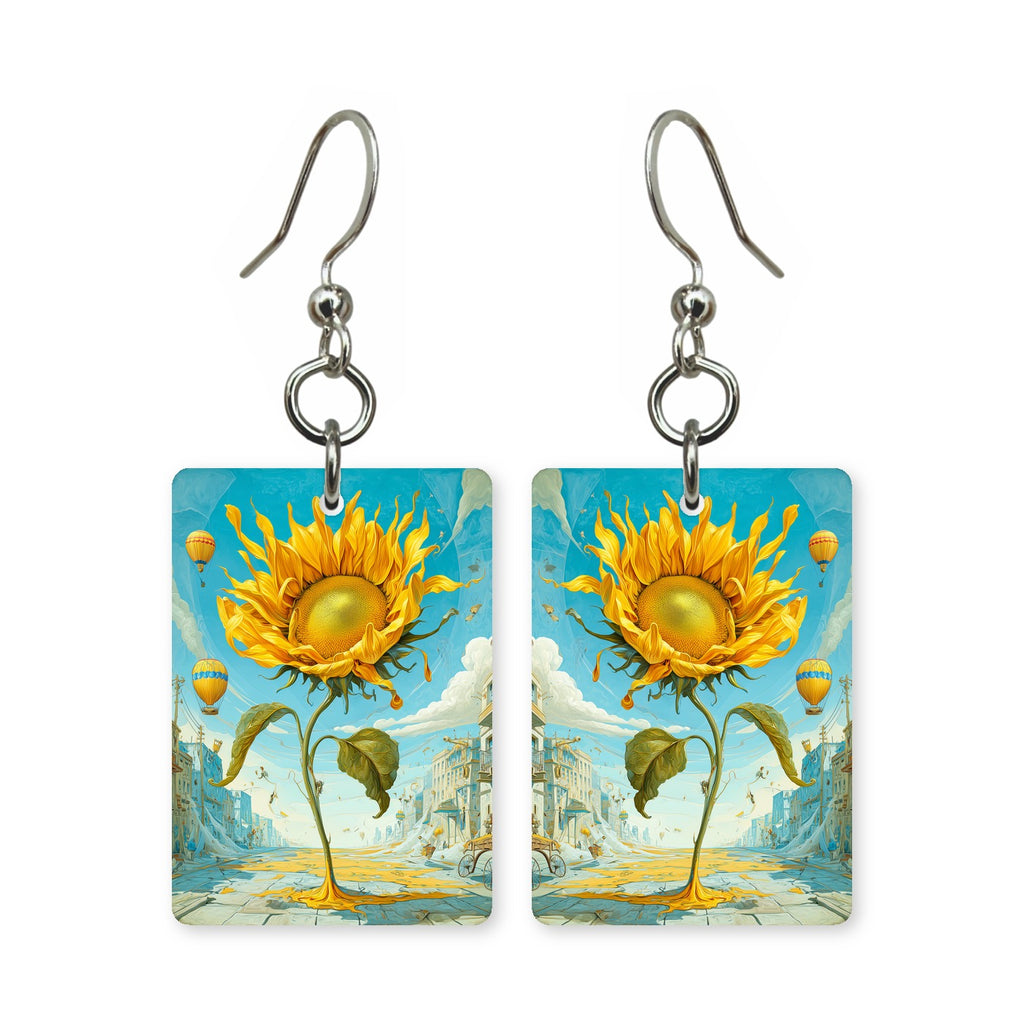 Balloon sunflower earrings — sunflowers floating like balloons, cut-paper art, made in USA