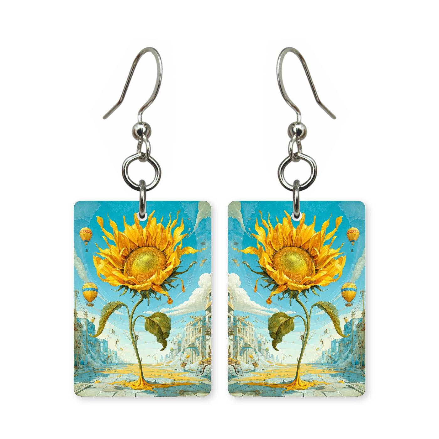 Balloon sunflower earrings — sunflowers floating like balloons, cut-paper art, made in USA