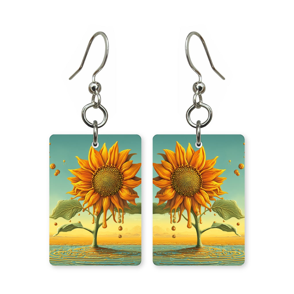Sunset bloom earrings — flowers lit in sunset orange and pink, cut-paper art, made in USA