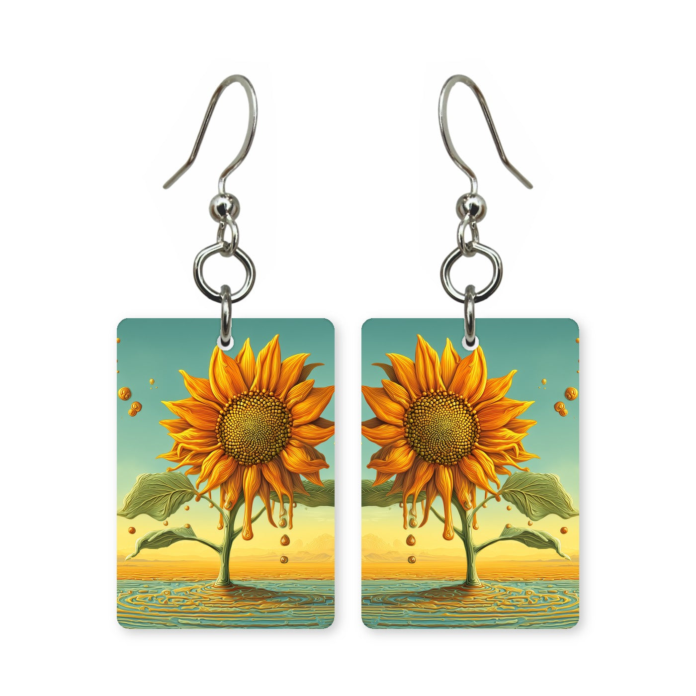 Sunset bloom earrings — flowers lit in sunset orange and pink, cut-paper art, made in USA