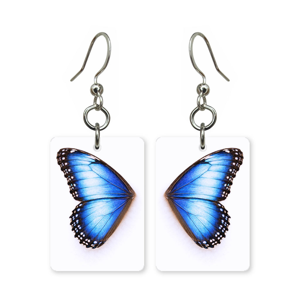 Blue morpho earrings — electric blue butterfly wing, cut-paper art, made in USA