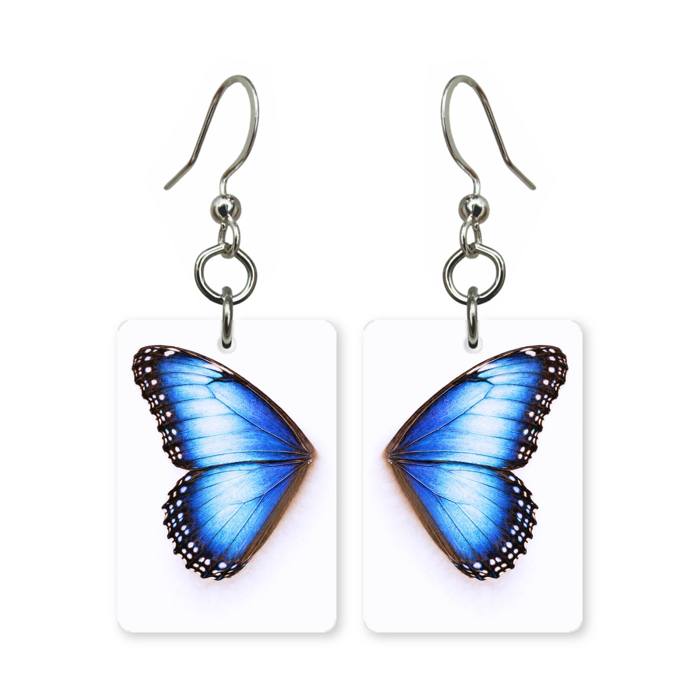 Blue morpho earrings — electric blue butterfly wing, cut-paper art, made in USA