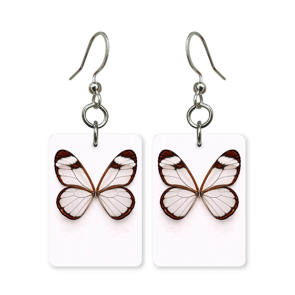 Glasswing butterfly earrings — transparent-winged butterfly, cut-paper art, made in USA