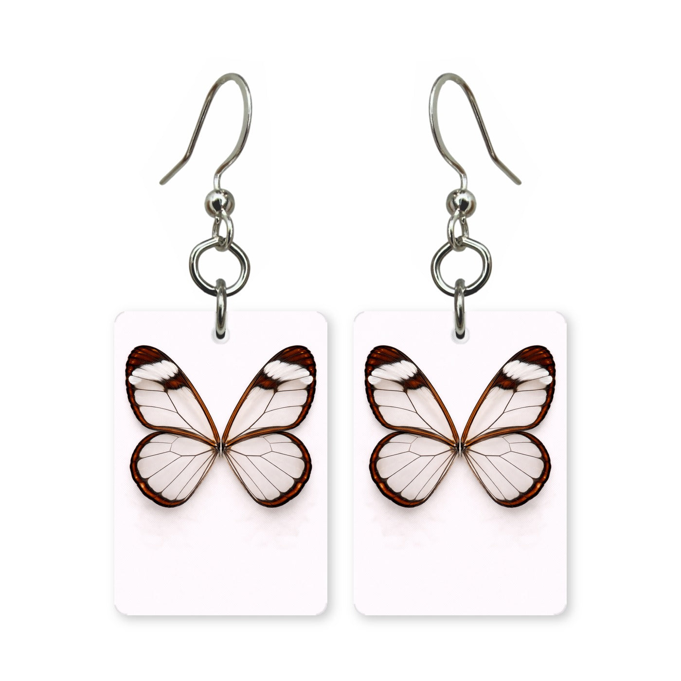 Glasswing butterfly earrings — transparent-winged butterfly, cut-paper art, made in USA