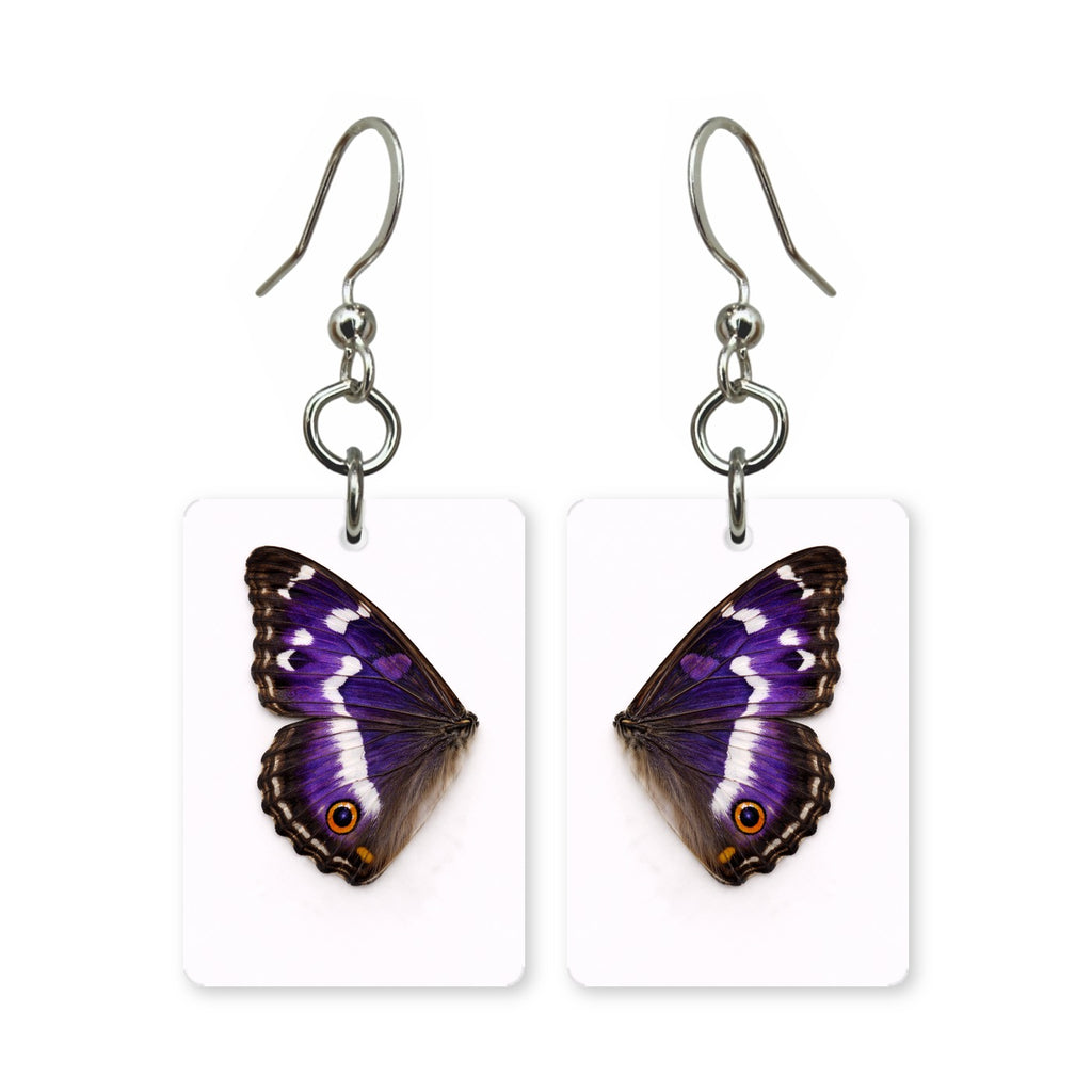 Purple emperor earrings — violet-sheened butterfly wing, cut-paper art, made in USA