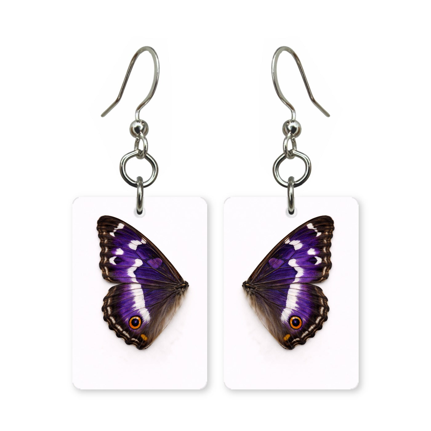 Purple emperor earrings — violet-sheened butterfly wing, cut-paper art, made in USA