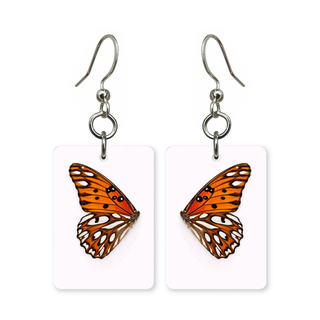 Orange fritillary earrings — orange checkered butterfly wing, cut-paper art, made in USA