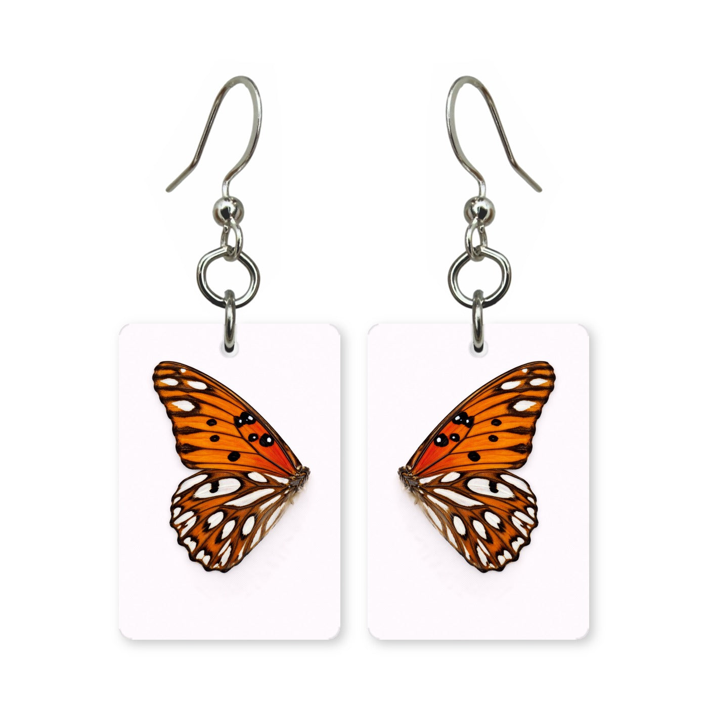 Orange fritillary earrings — orange checkered butterfly wing, cut-paper art, made in USA