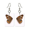 Common buckeye earrings — brown butterfly wing with ringed eyespots, cut-paper art, made in USA