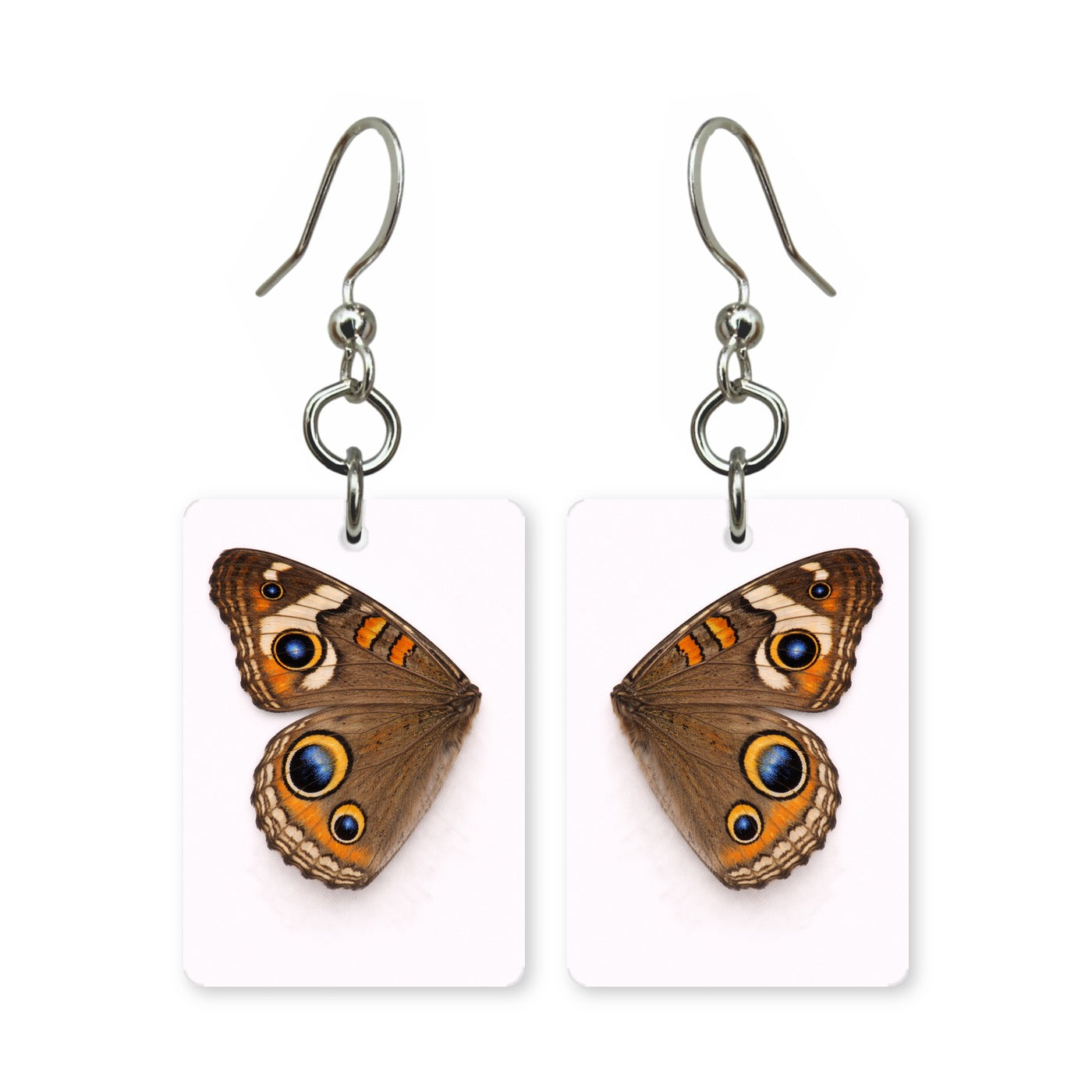 Common buckeye earrings — brown butterfly wing with ringed eyespots, cut-paper art, made in USA