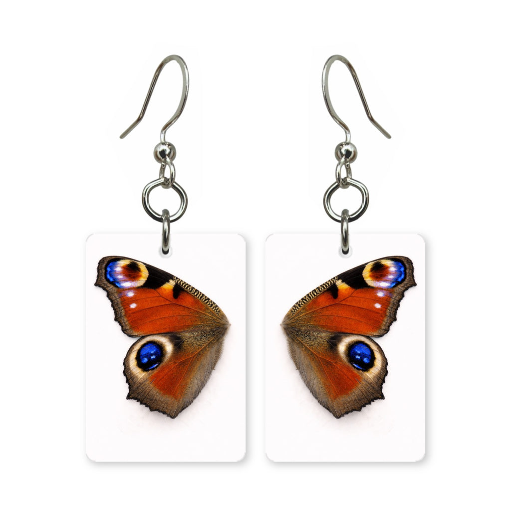 Peacock wing earrings — blue and green peacock feather eyes, cut-paper art, made in USA