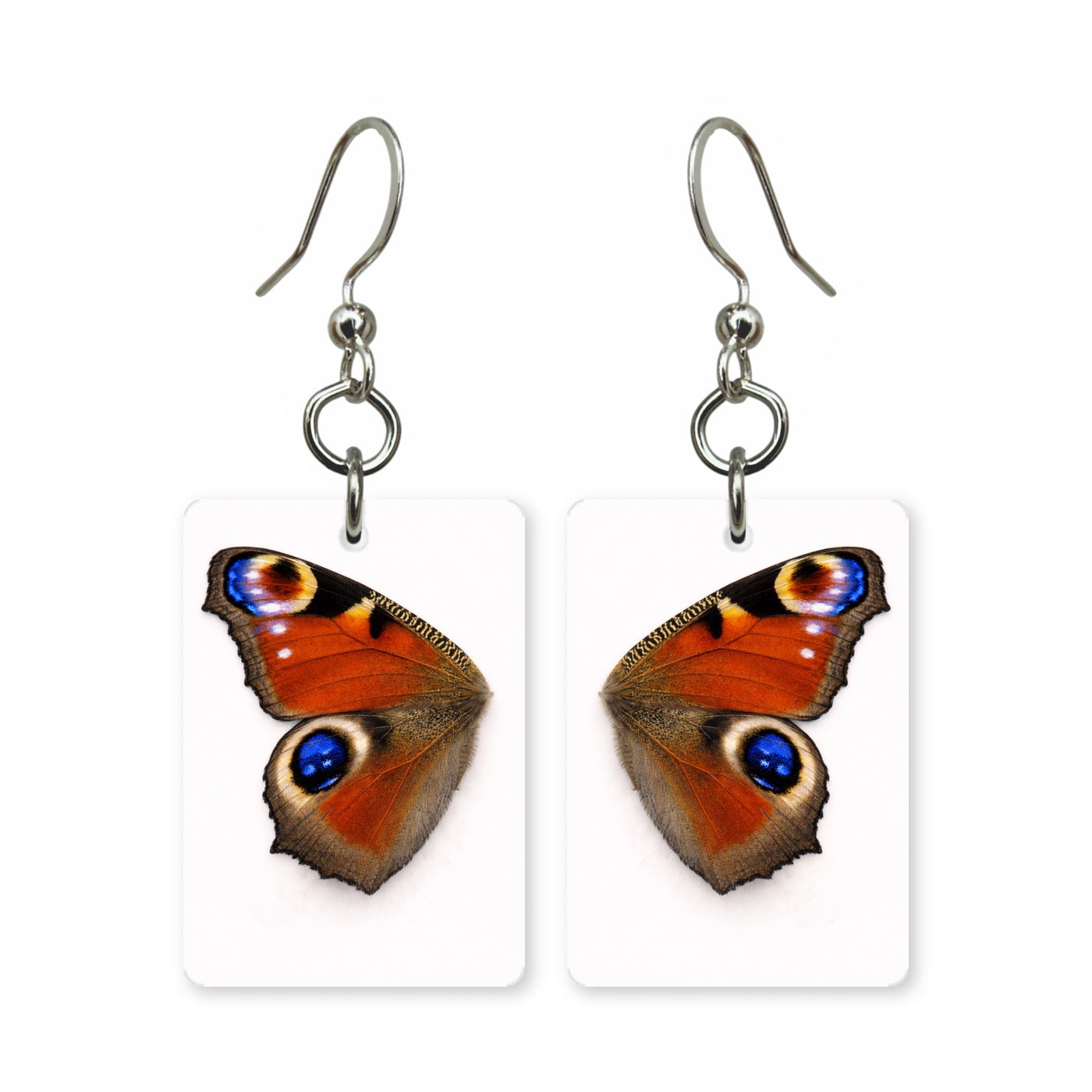Peacock wing earrings — blue and green peacock feather eyes, cut-paper art, made in USA