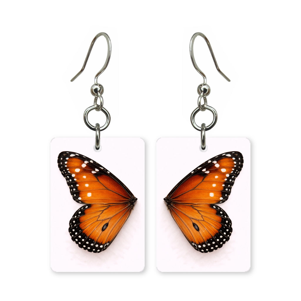Monarch wing earrings — orange and black monarch butterfly wing, cut-paper art, made in USA