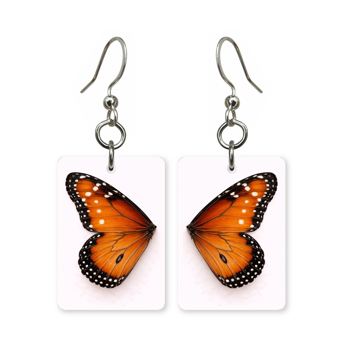 Monarch wing earrings — orange and black monarch butterfly wing, cut-paper art, made in USA