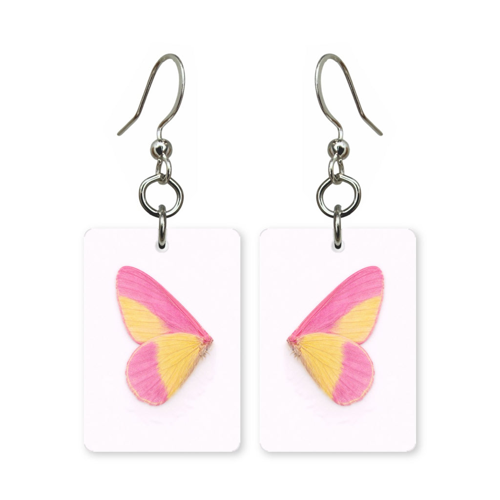 Rosy wing earrings — butterfly wings washed in rose pink, cut-paper art, made in USA