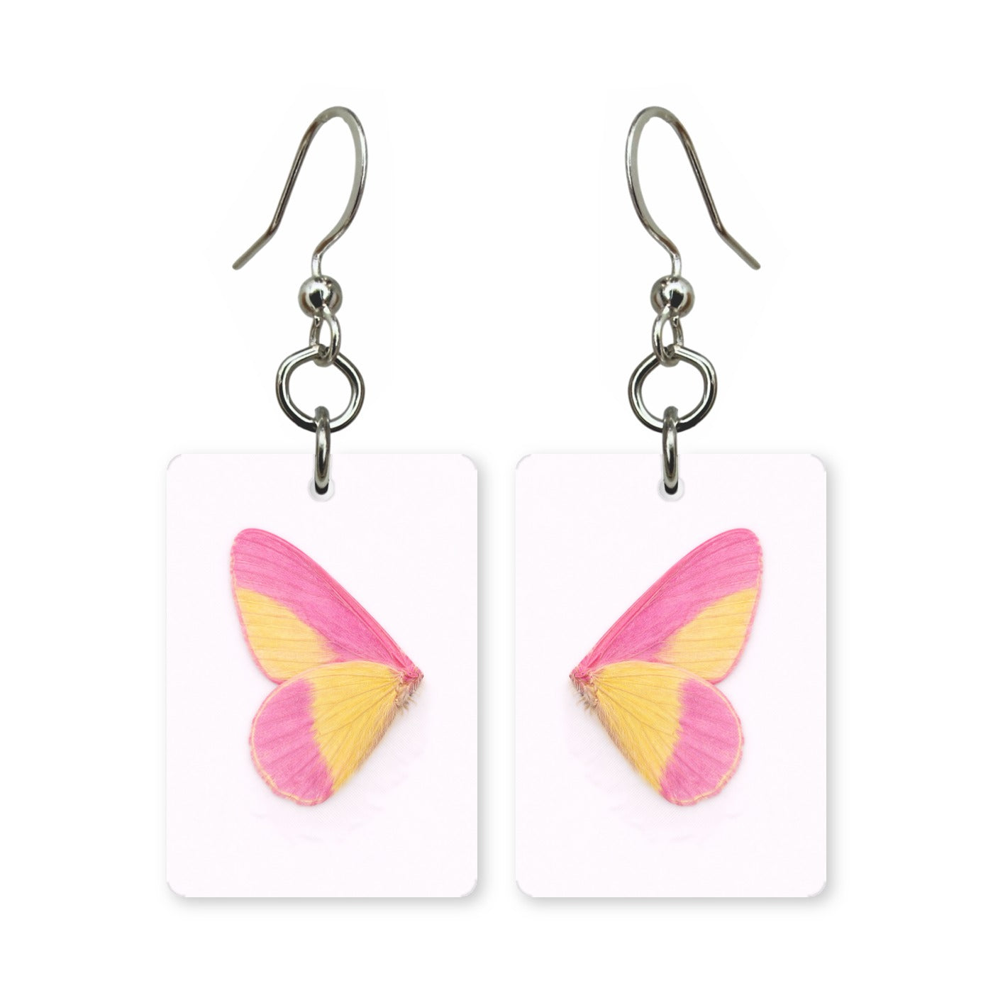 Rosy wing earrings — butterfly wings washed in rose pink, cut-paper art, made in USA