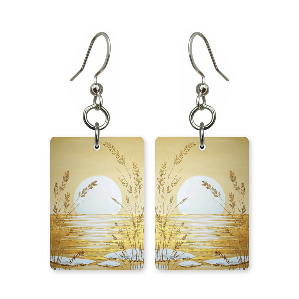 Golden wheatfield earrings — gold wheatfield running to the horizon, cut-paper landscape